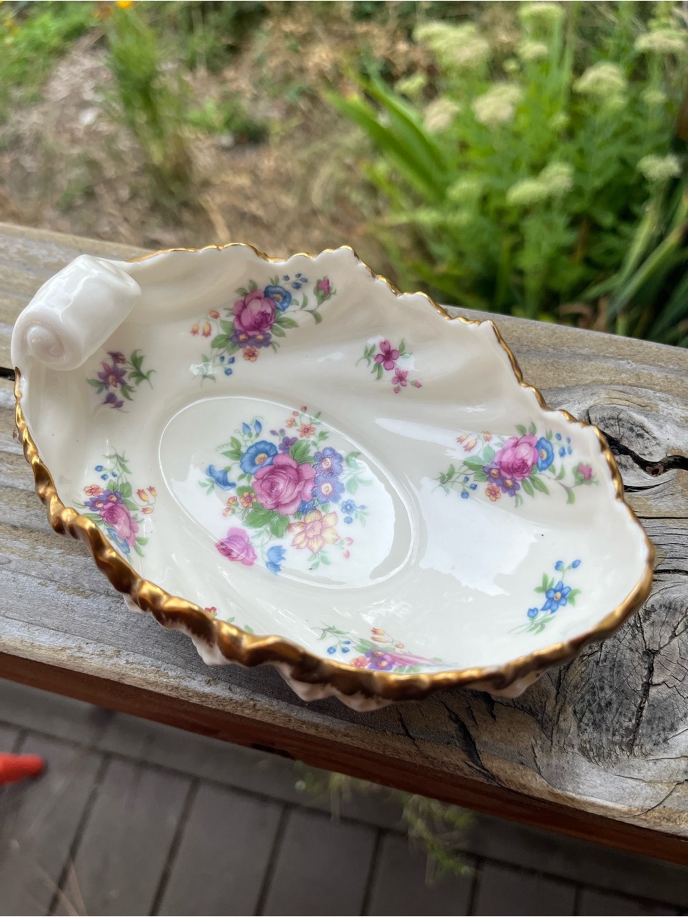 Vintage Lenox Acanthus leaf-shaped bowl with "Lenox Rose" Design & Gold Trim